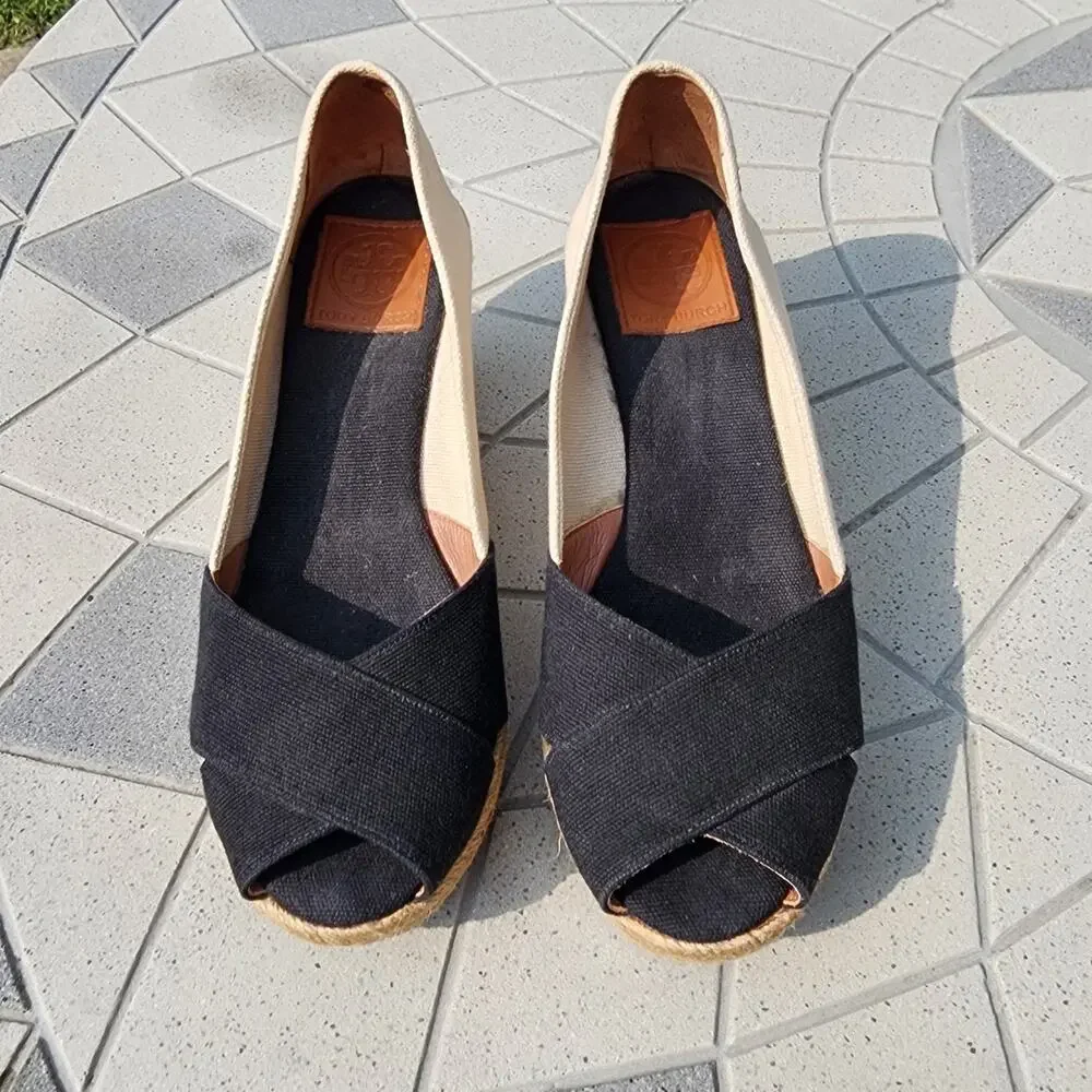 Tory Burch Filipa Canvas Peep Toe Espadrille Wedges 9